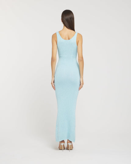 Back view of a women's light blue sequin maxi dress with a scoop neck, showing the full length and fitted silhouette.