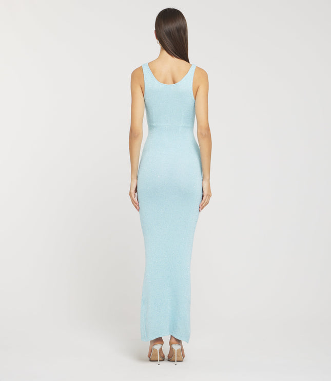 Back view of a women's light blue sequin maxi dress with a scoop neck, showing the full length and fitted silhouette.