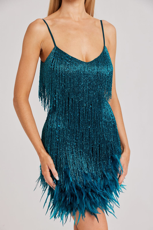 Close-up of the bodice and skirt of a teal sequin fringe mini dress, showcasing the intricate feather trim on the hem.