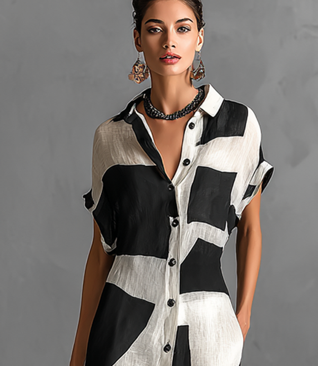 Close-up of the women's geometric print maxi dress, highlighting the lapel collar, short sleeves, and black button details.