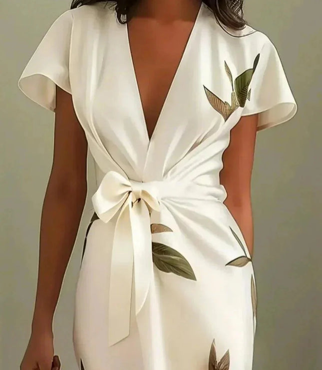 Close-up front view of the white leaf print v-neck short sleeve midi wrap dress, showing the tied waist detail.