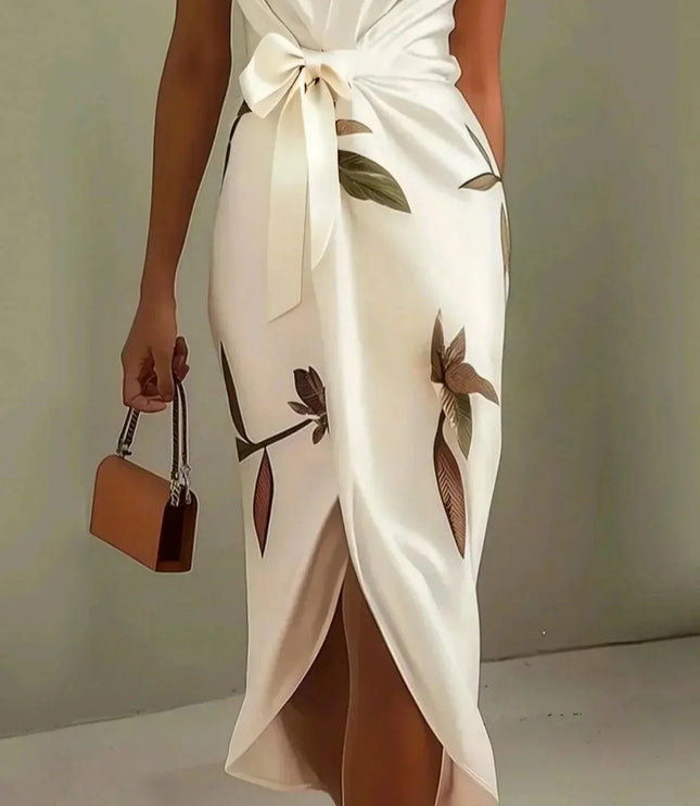Side view of a women's white leaf print v-neck short sleeve midi wrap dress, showcasing the flowy skirt and purse.
