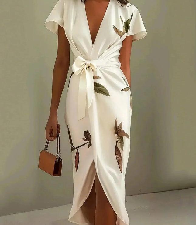 Women's white leaf print v-neck short sleeve midi wrap dress with a tied waist, holding a brown purse.