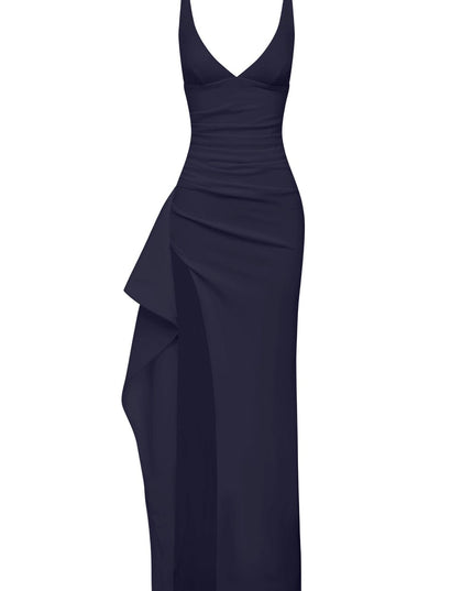 Isolated view of the navy blue V-neck maxi dress, highlighting the side slit and ruched bodice.