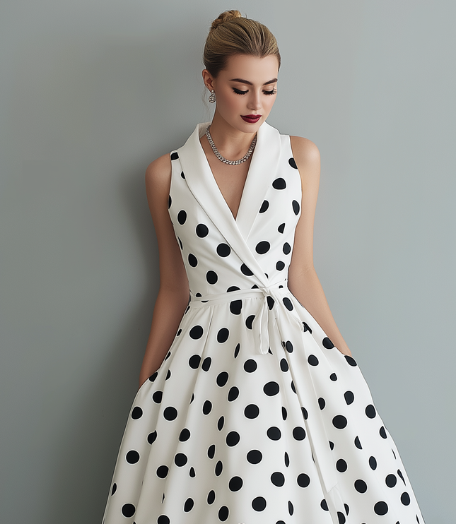 Close-up of a white polka dot collared V-neck sleeveless midi dress, showing the tied waist detail.