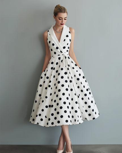 Full view of a women's white polka dot midi dress with a collared V-neck, sleeveless design, and tied waist, suitable as a suit dress.