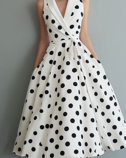 Detail of the flowing skirt on a white polka dot sleeveless midi dress with a collared V-neck and tied waist.