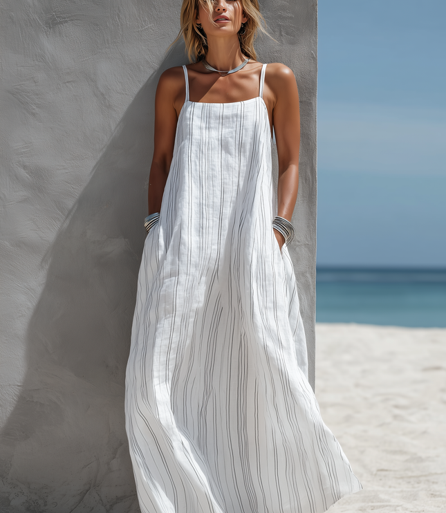 Full body view of women's white striped sleeveless maxi dress with spaghetti straps and side pockets, on sand.