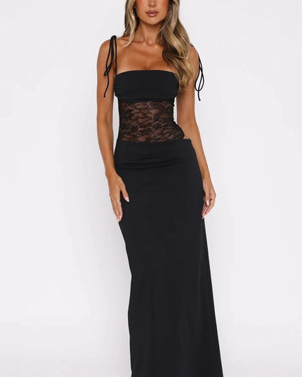 Front view of a women's black lace panel spaghetti strap square neck maxi dress, with tie shoulders and a sleek design.