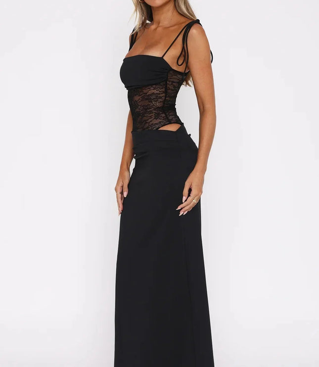 Side view of a black women's maxi dress featuring a lace panel bodice, spaghetti straps, and a square neckline.
