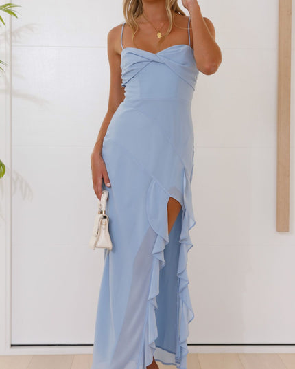 Light blue midi dress for women, featuring delicate spaghetti straps, a ruched bodice, and a flowing ruffled split skirt, ideal for summer wedding guests.