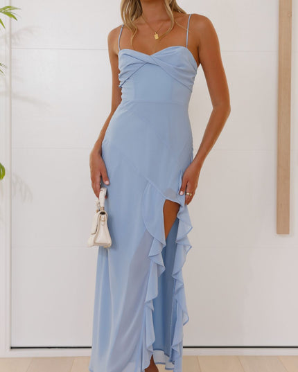 Light blue midi dress for women, featuring a ruffled split, delicate spaghetti straps, and a twisted bust detail, for a summer wedding guest.