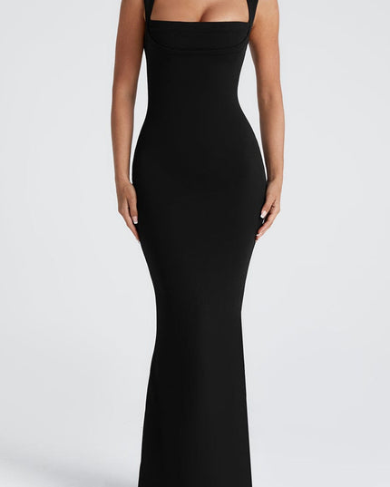 Front view of the women's black square neck draped maxi dress, for bridesmaids or formal events.
