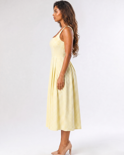 AI-generated side view of women's yellow gingham square neck midi dress showing dress silhouette