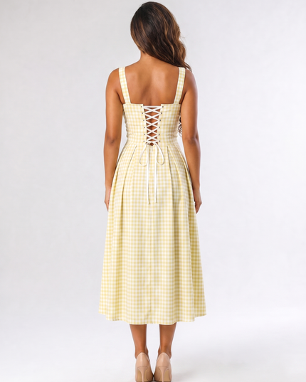AI-generated back view of women's yellow gingham square neck midi dress showing lace-up corset detail