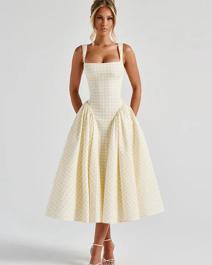 Front view of women's light yellow gingham square neck midi dress, featuring a wide square neckline and gathered skirt