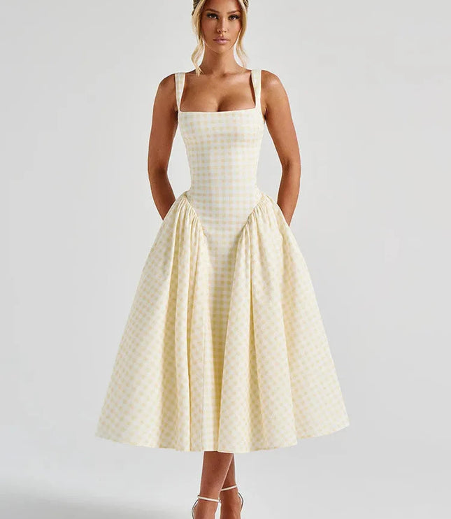 Front view of women's light yellow gingham square neck midi dress, featuring a wide square neckline and gathered skirt