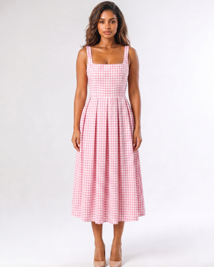 AI-generated front view of women's pink gingham square neck midi dress with pleated A-line skirt