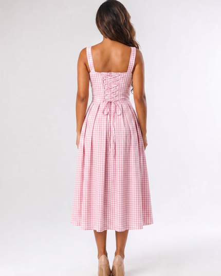 AI-generated back view of women's pink gingham square neck midi dress showing lace-up corset detail