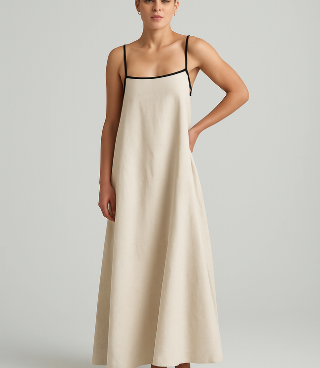 Light beige women's summer maxi dress with thin black spaghetti straps and square neck design.