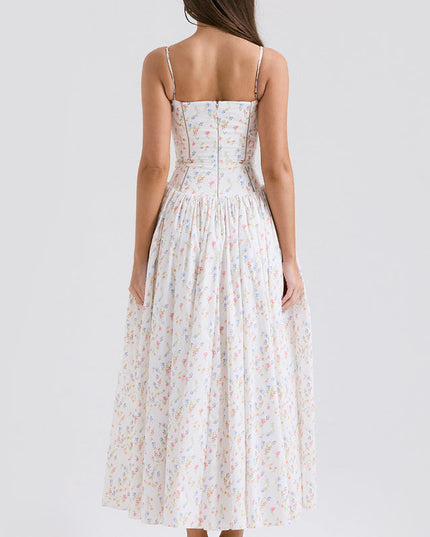 Back view of a white square neck sleeveless midi dress featuring a subtle floral pattern and a zipper closure.