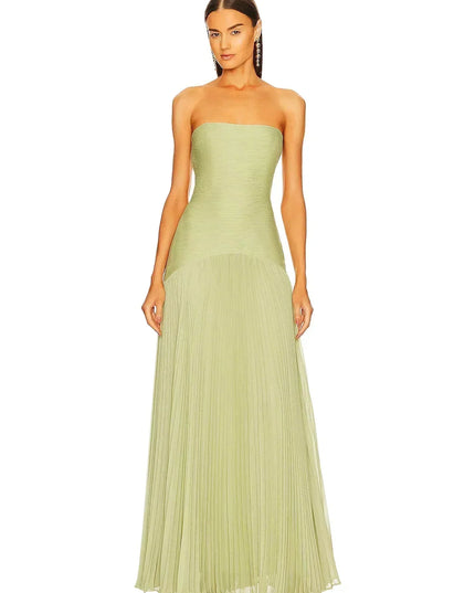 Front view of a women's formal light green strapless dress, featuring a fitted bodice and a long pleated skirt.