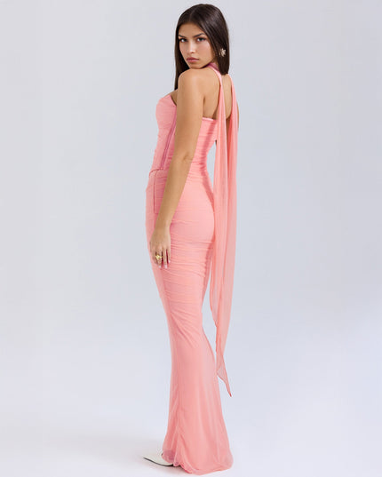 Back-side view of the light pink strapless ruched maxi dress, showcasing the long sheer fabric flowing from the choker.