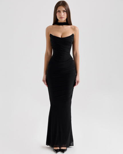 Black women's strapless ruched maxi dress with sweetheart neckline and choker, full front view.