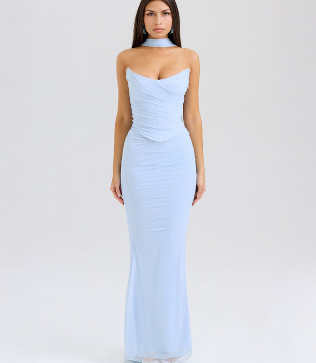 Full-length view of a light blue strapless ruched maxi dress, featuring a matching choker and elegant silhouette.