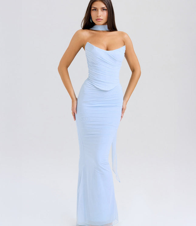 Front view of the light blue strapless ruched maxi dress, highlighting the fitted bodice and flowing skirt.