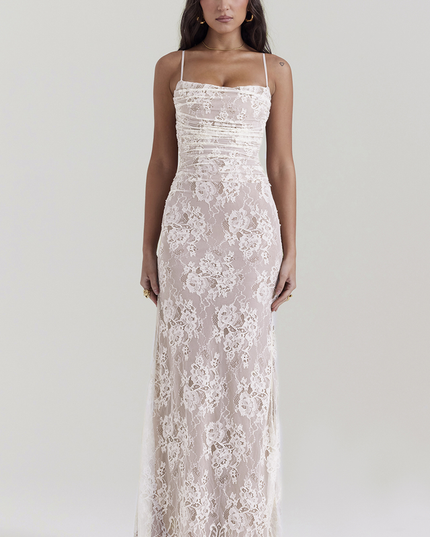 Front view of white lace corset back strapless maxi dress, showing spaghetti straps and ruched bust detail.