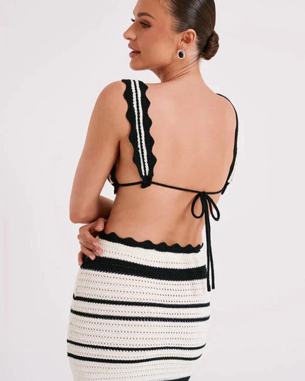 Close-up back view of the women's striped crochet crop top, highlighting the tie-back detail and scalloped straps of the two piece set.