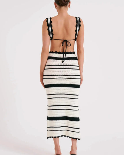 Full back view of the women's summer striped crochet two piece maxi set, showcasing the black and white pattern and open back design.