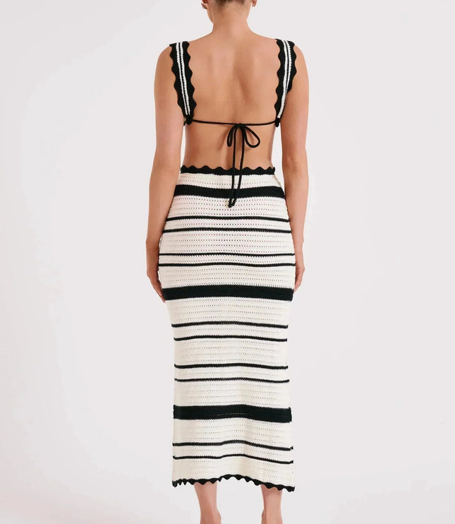 Full back view of the women's summer striped crochet two piece maxi set, showcasing the black and white pattern and open back design.
