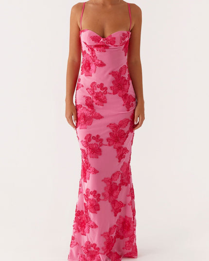 Front view of women's pink floral sweetheart neck maxi dress, standing straight, showcasing the full design.