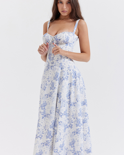 Front view of women's summer floral midi dress, showing sweetheart neck and delicate blue flower print