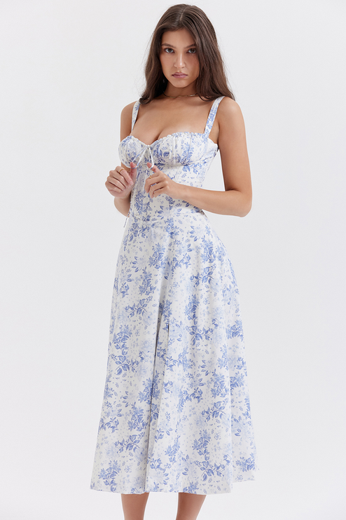 Front view of women's summer floral midi dress, showing sweetheart neck and delicate blue flower print