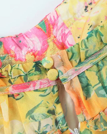 Close-up of the back neckline of a women's floral print mini dress, showing two yellow button closures and ruffled trim.