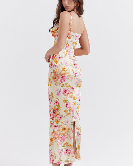 Back view of women's floral lace trim maxi dress, showing a subtle slit and form-fitting design.