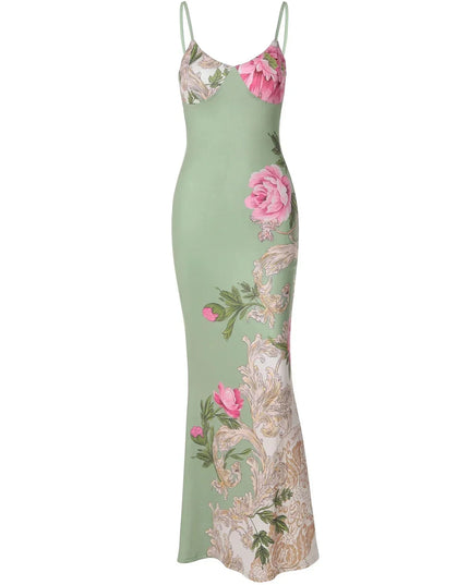 Front view of a green floral print V-neck maxi dress with pink roses and gold baroque patterns on a white background.
