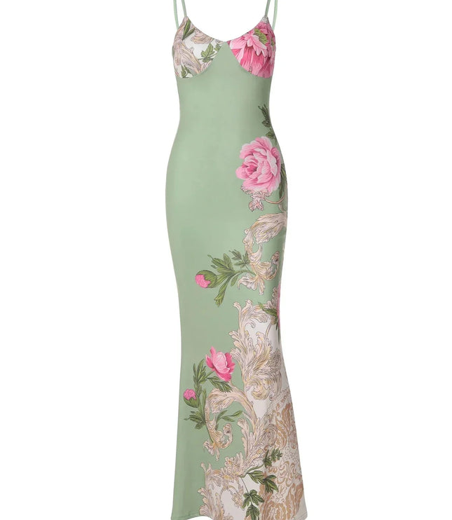 Front view of a green floral print V-neck maxi dress with pink roses and gold baroque patterns on a white background.