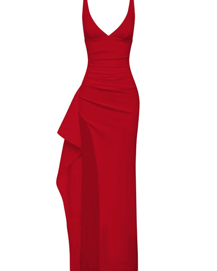 Full view of a red V-neck maxi dress with a high slit and ruffled side detail, for prom or formal events.