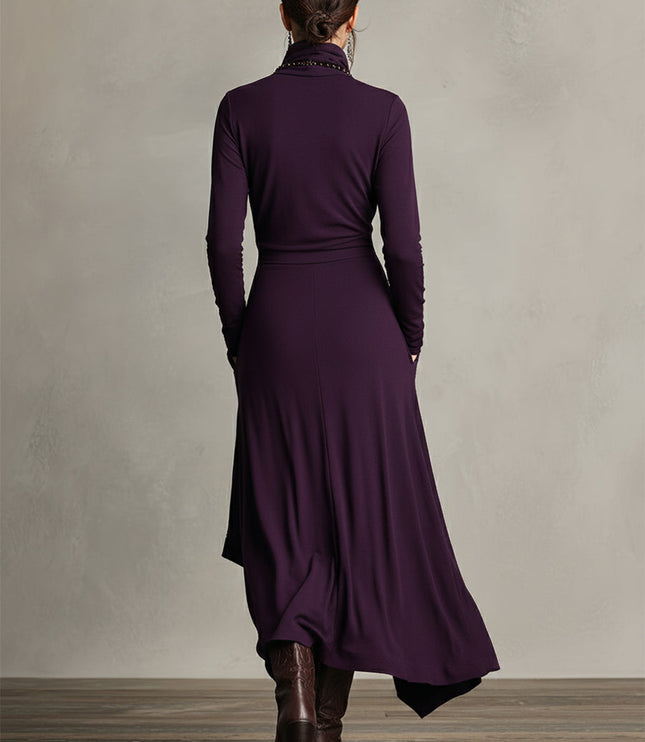 Back view of the women's plum long sleeve draped high neck midi dress, highlighting the flowing skirt.