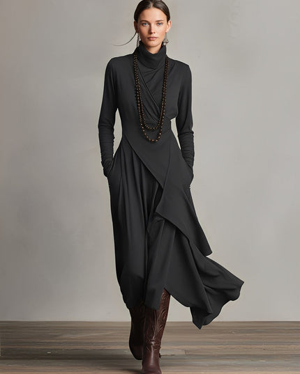 Full-length view of the women's long sleeve draped high neck midi dress in black, featuring pockets and a flowing design.
