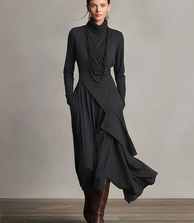 Full-length view of the women's long sleeve draped high neck midi dress in black, featuring pockets and a flowing design.